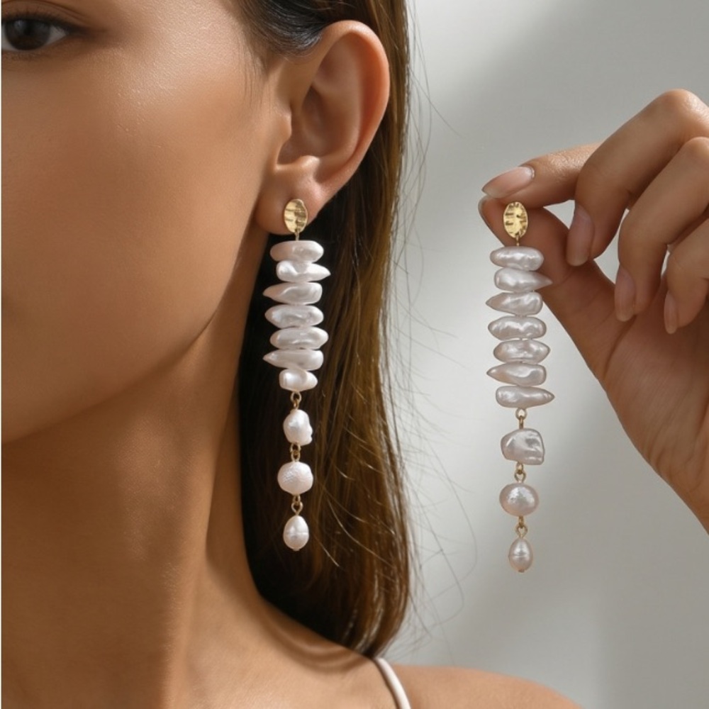 Elegant White Pearl Drop Earrings with Gold Accents